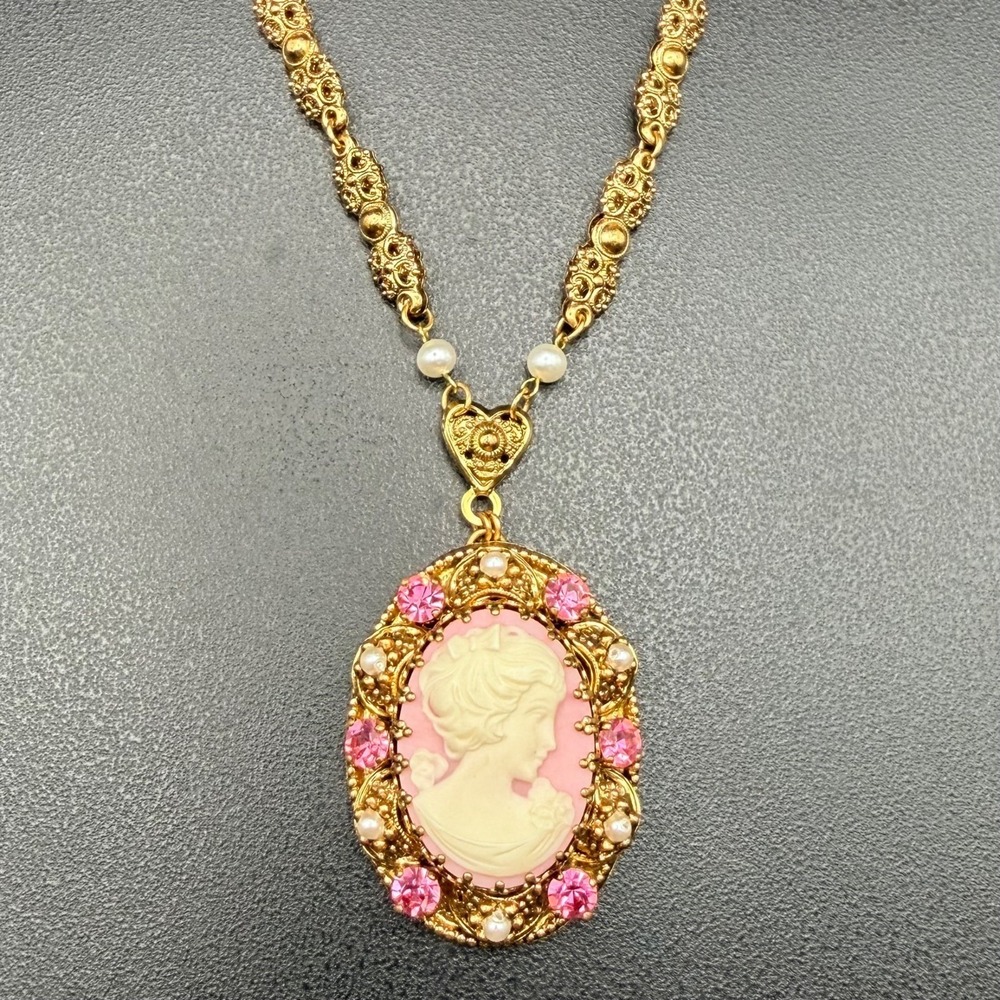 Vintage Western Germany Pink Cameo Necklace Rhinestone Pearl Brass 1960s